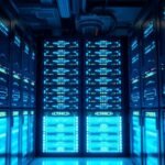 Modern website hosting servers with glowing blue lights.