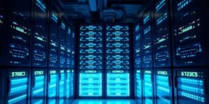 Modern website hosting servers with glowing blue lights.
