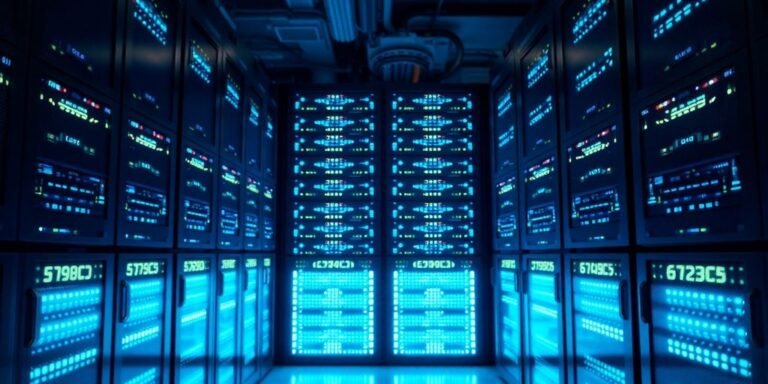 Modern website hosting servers with glowing blue lights.