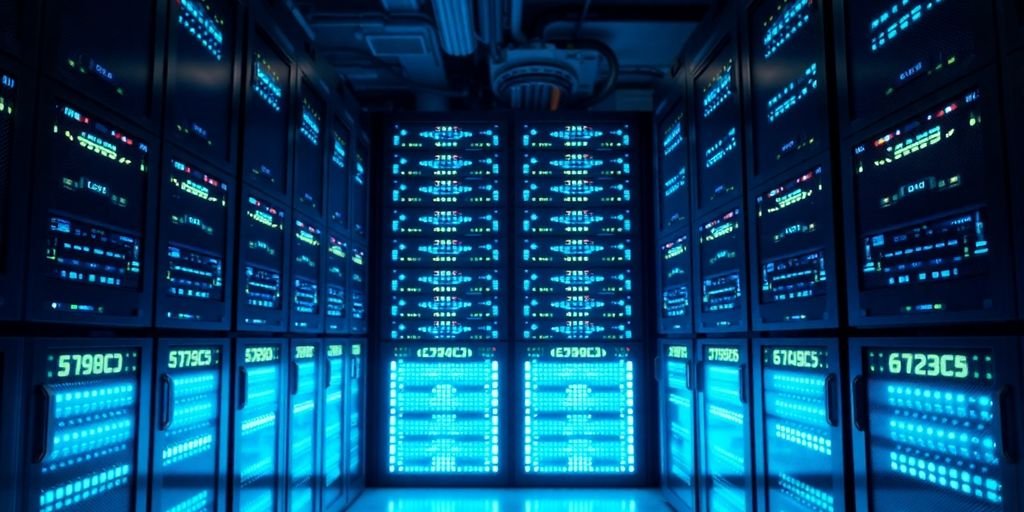 Modern website hosting servers with glowing blue lights.